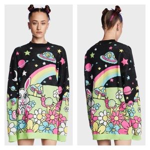 NWT Dolls Kill Current Mood Happy Planet Intarsia Oversized Sweater Size Large